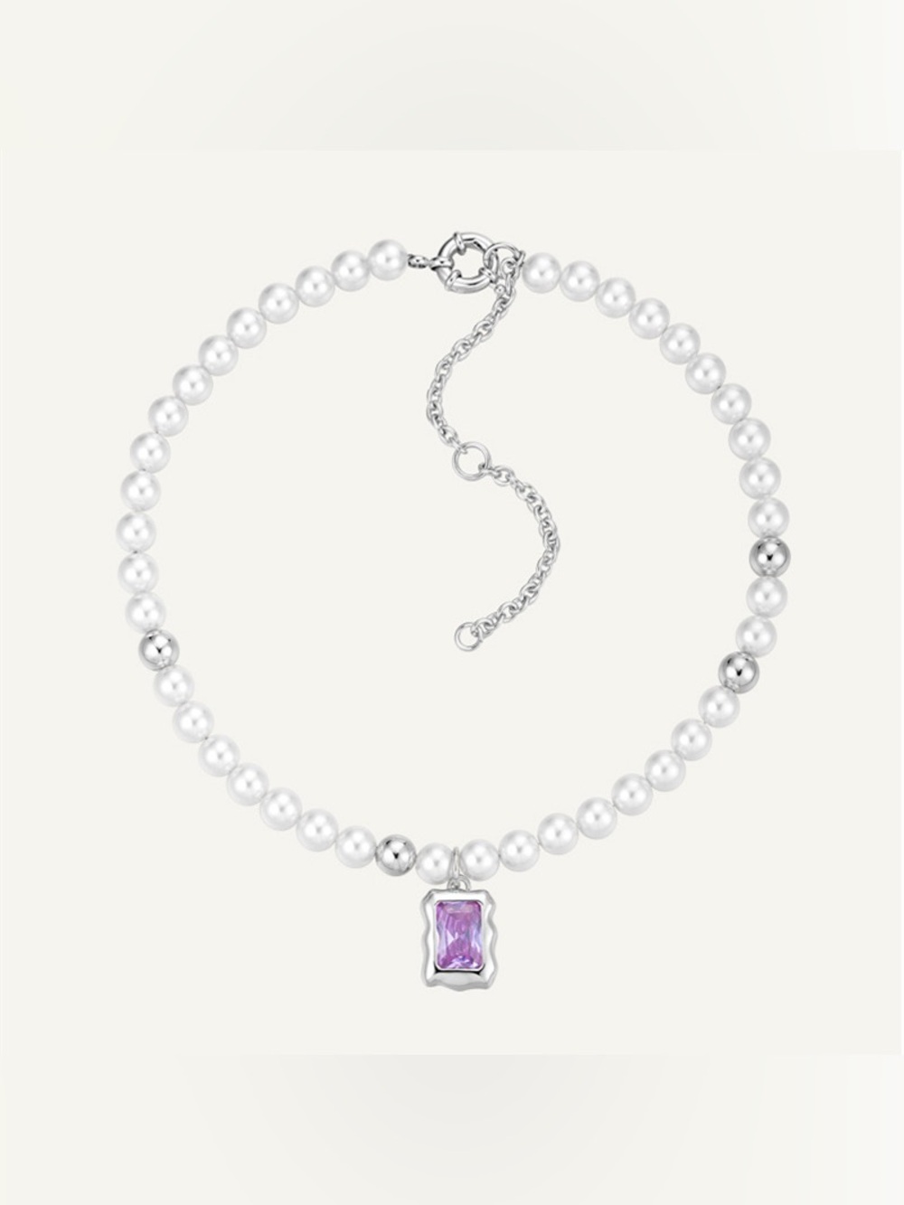 Korean Punk Pearl Gem Stone Pendant Silver Necklace